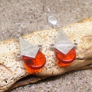 Sterling Silver and Orange Glass Dangle Tuareg Earrings
