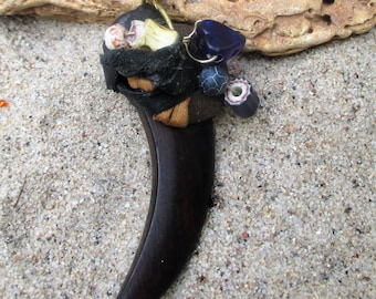 Leather Wrapped Wood, Bead and Shell Horn Shaped Necklace