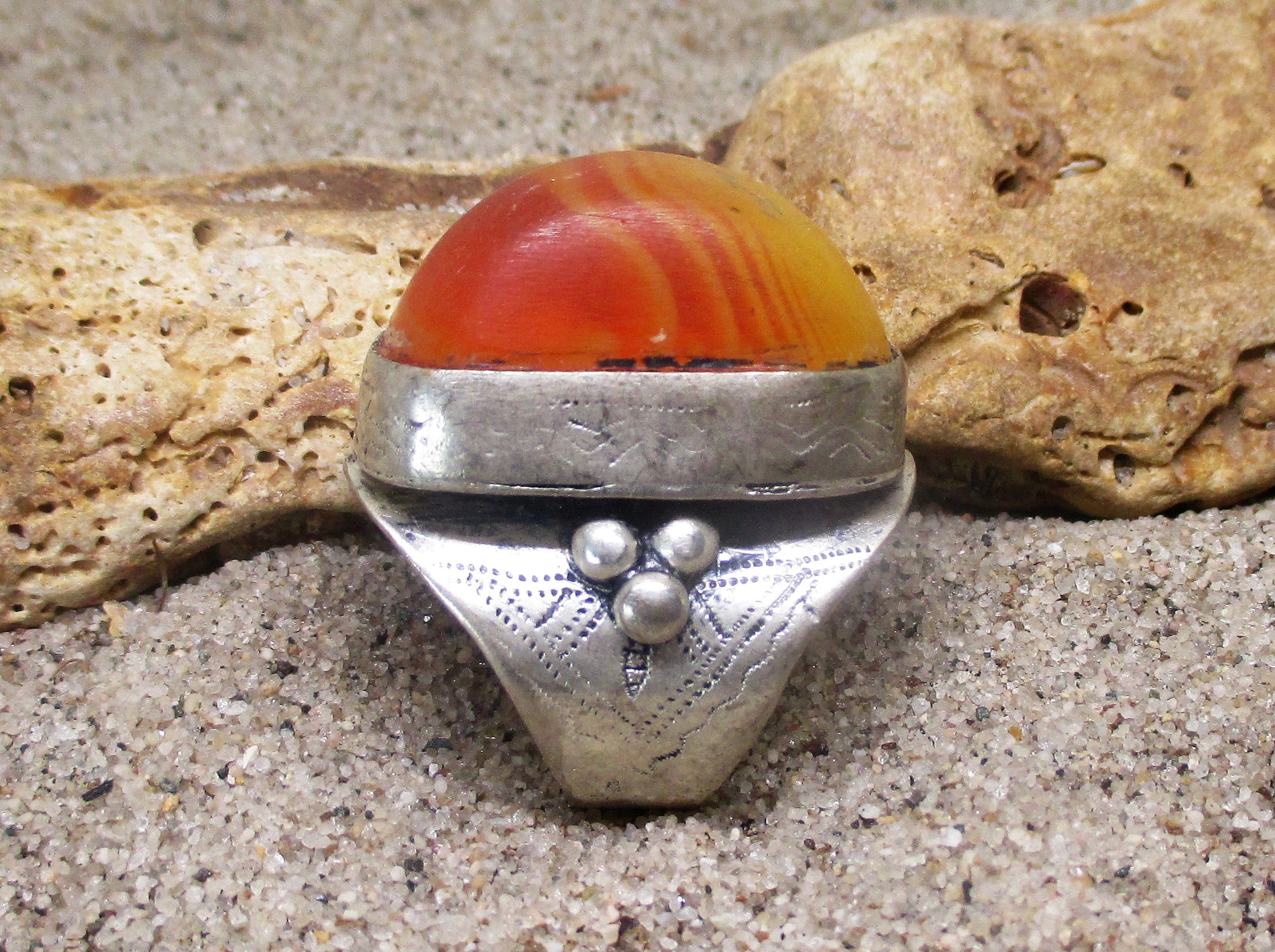Silver and Large Rounded Circular Amber Tuareg Ring