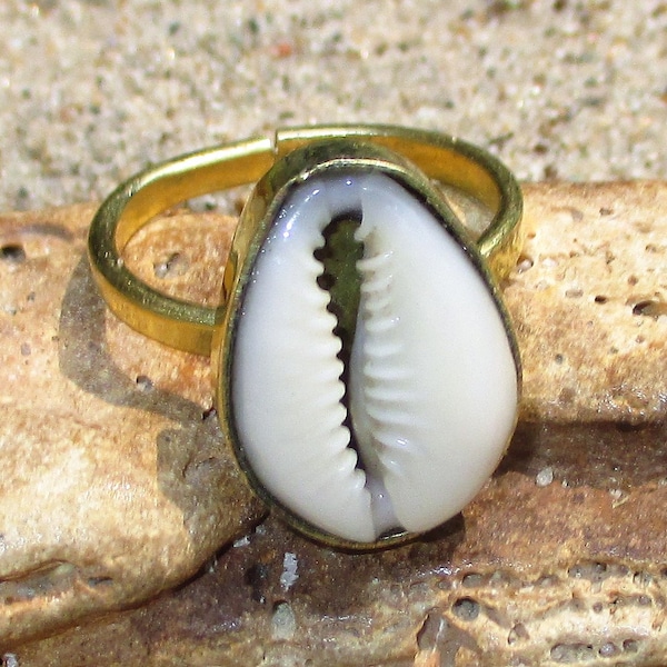 Adjustable Brass Cowrie Shell West-African Ring