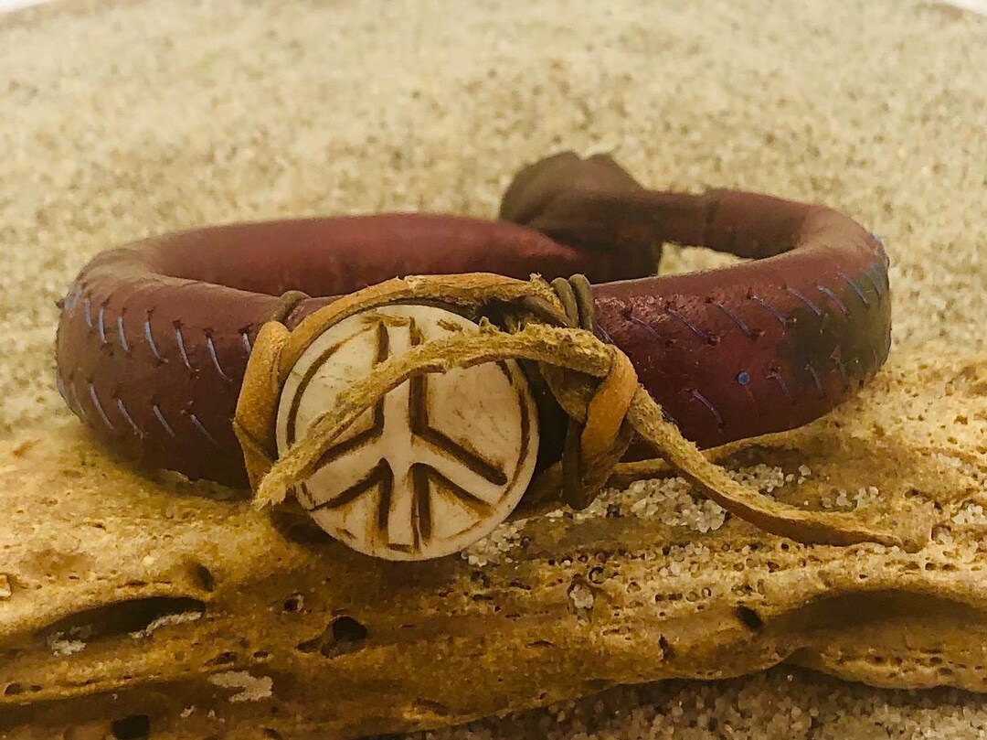 Wrapped Peace Sign Thick Red Leather Wrapped Peace Sign Gris Gris Bracelet - Etsy