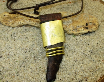 Brass Wrapped Wood and Leather Necklace