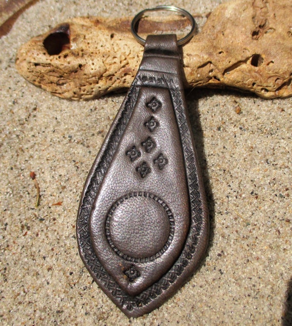 Black Stamped Tooled Leather Tuareg Keychain Pend… - image 1
