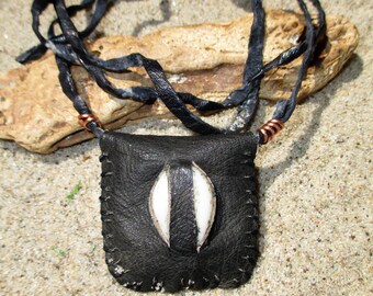 Black Leather and Cowrie Shell Gris Gris Necklace