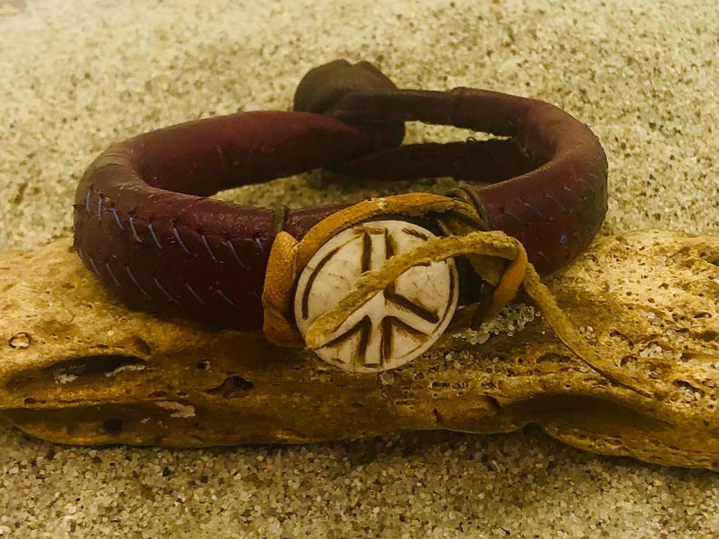 Wrapped Peace Sign Thick Red Leather Wrapped Peace Sign Gris Gris Bracelet - Etsy