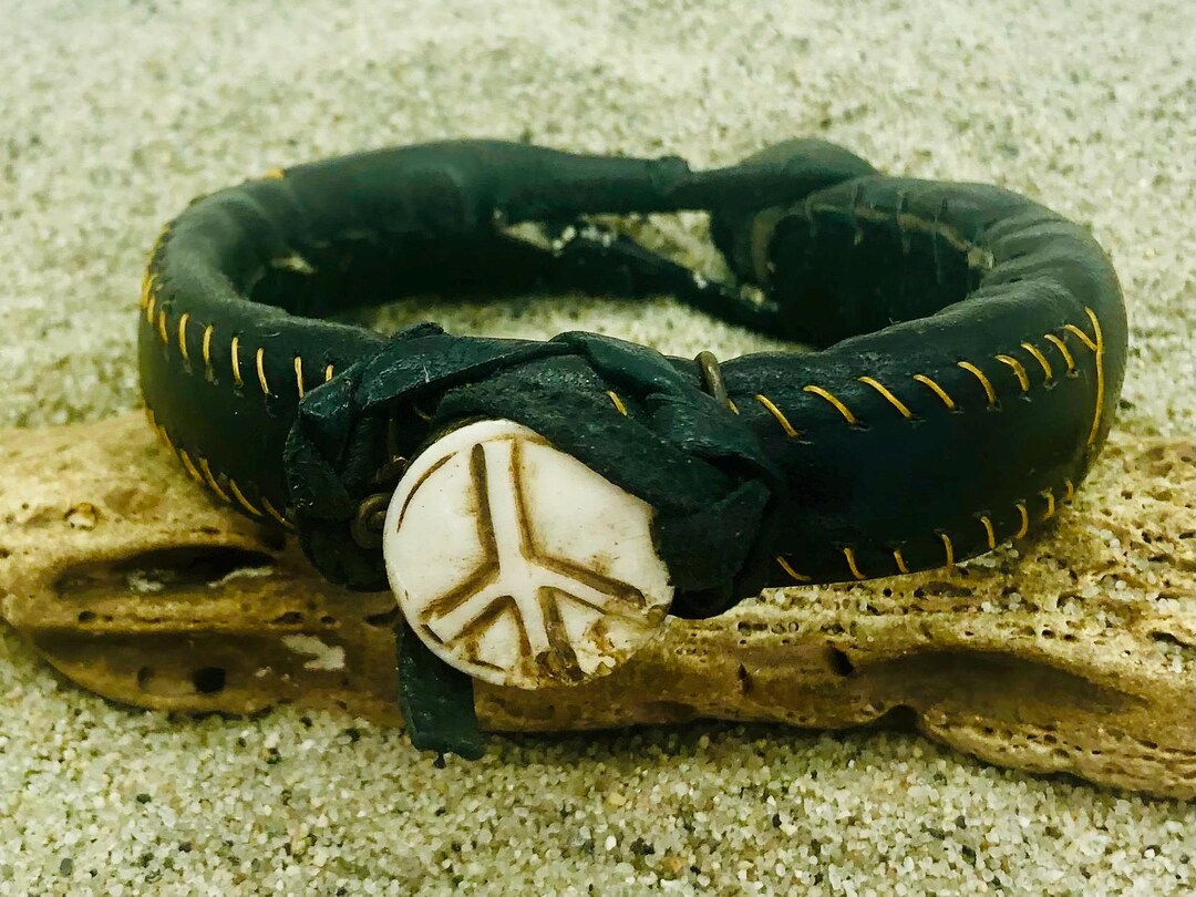 Wrapped Peace Sign Thick Black Leather Wrapped Peace Sign Gris Gris Bracelet - Etsy
