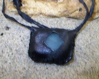 Black Leather and Blue Sea Glass Gris Gris Necklace