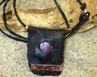 Black Leather, Copper and Red Glass Gris Gris Necklace