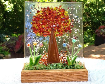 Fused Glass Autumn Tree Nature Panel with Wooden Stand, Fall Tree Garden Candle Screen, Garden Art, Fall Home Decor Suncatcher