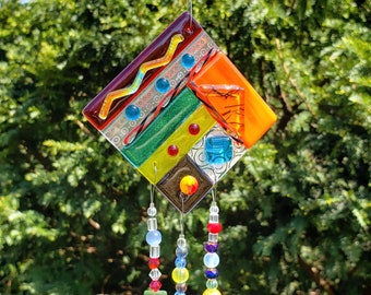 Fused Glass Wind Chime, Orange Yellow and Amber Abstract Geometric Contemporary Garden Spinner, Dichroic Beaded Garden Art