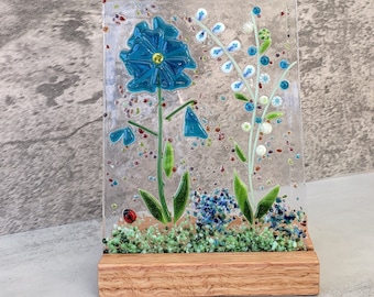 Blue Frilly Fused Glass Flower Garden with Wooden Stand, Fused Glass Nature Panel, Garden Candle Screen, Spring Summer Garden Art