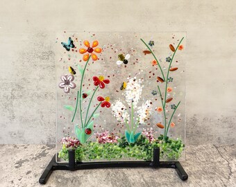 Fused Glass Bugs and Blooms Flower Garden with Choice of Stand, Summer Cottage Garden, Fused Glass Nature Panel, Candle Screen