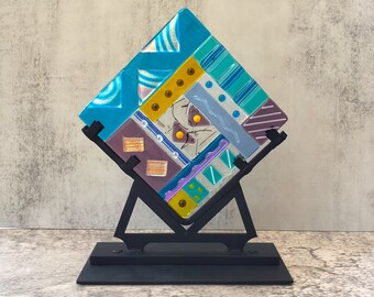 Colorful Geometric Fused Glass Panel with Wrought Iron Display Stand, Dichroic Fused Glass Table Top Art Sculpture--Cool Colors