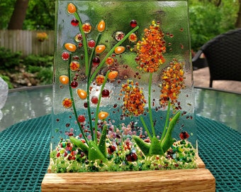 Fused Glass Orange Cottage Garden with Wooden Stand, Fused Glass Nature Panel,  Garden Candle Screen, Garden Art, Spring Summer Suncatcher