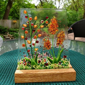 Fused Glass Orange Cottage Garden with Wooden Stand, Fused Glass Nature Panel,  Garden Candle Screen, Garden Art, Spring Summer Suncatcher