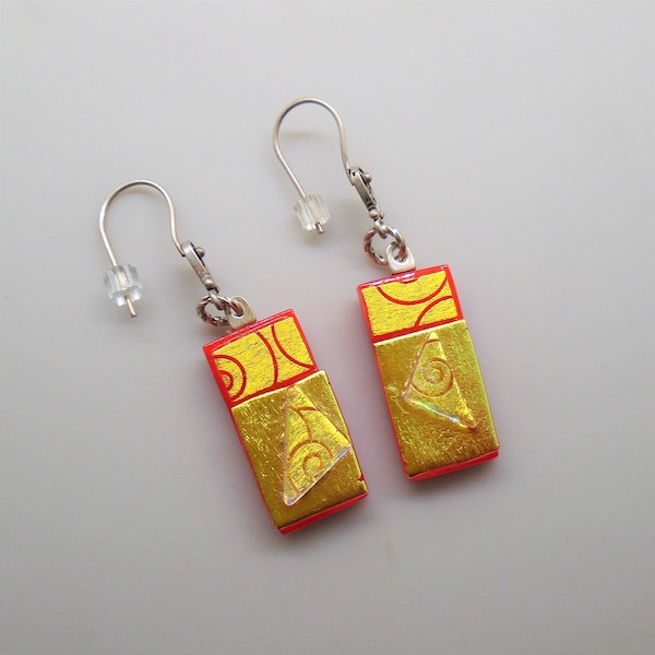 Red Fused Glass Earrings, Dichroic Fused Glass Drop Earrings - Red and Gold Dangle Earrings