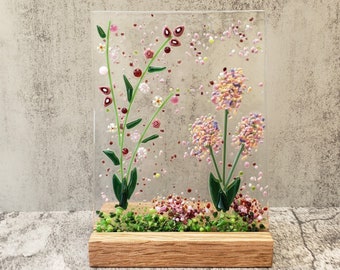 Fused Glass Pink Cottage Garden with Wooden Stand, Fused Glass Nature Panel,  Garden Candle Screen, Garden Art, Spring Summer Suncatcher