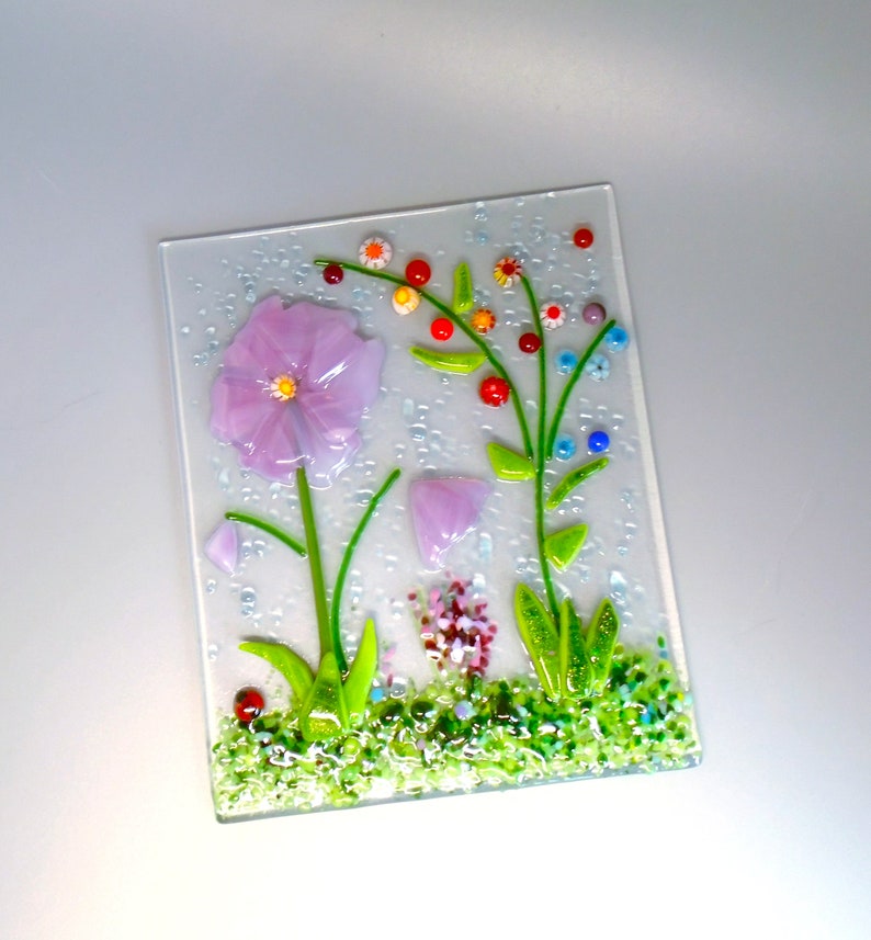 Pink Fused Glass Flower Garden with Wooden Stand, Fused Glass Nature Panel, Garden Candle Screen, Garden Art, Spring Summer Suncatcher image 2