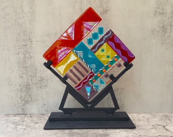 Colorful Geometric Fused Glass Panel with Wrought Iron Display Stand, Dichroic Fused Glass Table Top Art Sculpture--Warm Colors