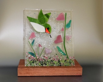 Dichroic Fused Glass Hummingbird Panel, Fused Glass Nature Panel with Wooden Stand, Candle Screen, Spring Summer Suncatcher, Pink Flowers