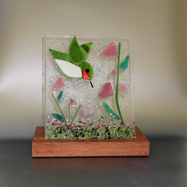 Dichroic Fused Glass Hummingbird Panel, Fused Glass Nature Panel with Wooden Stand, Candle Screen, Spring Summer Suncatcher, Pink Flowers