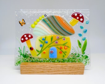 Fused Glass Tabletop Mushroom Fairy House with Wooden Stand, Fused Glass Nature Panel,  Garden Candle Scree