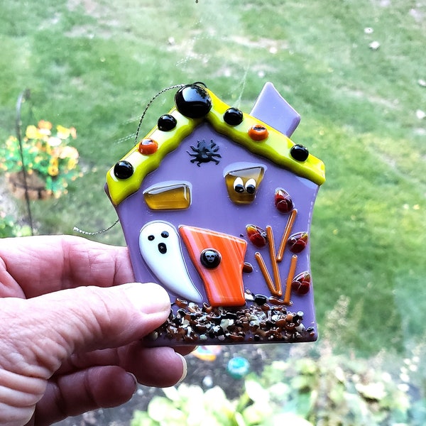 Purple Fused Glass Haunted House,  Small Halloween Haunted House Ornament, Sun Catcher, Spooky Halloween House