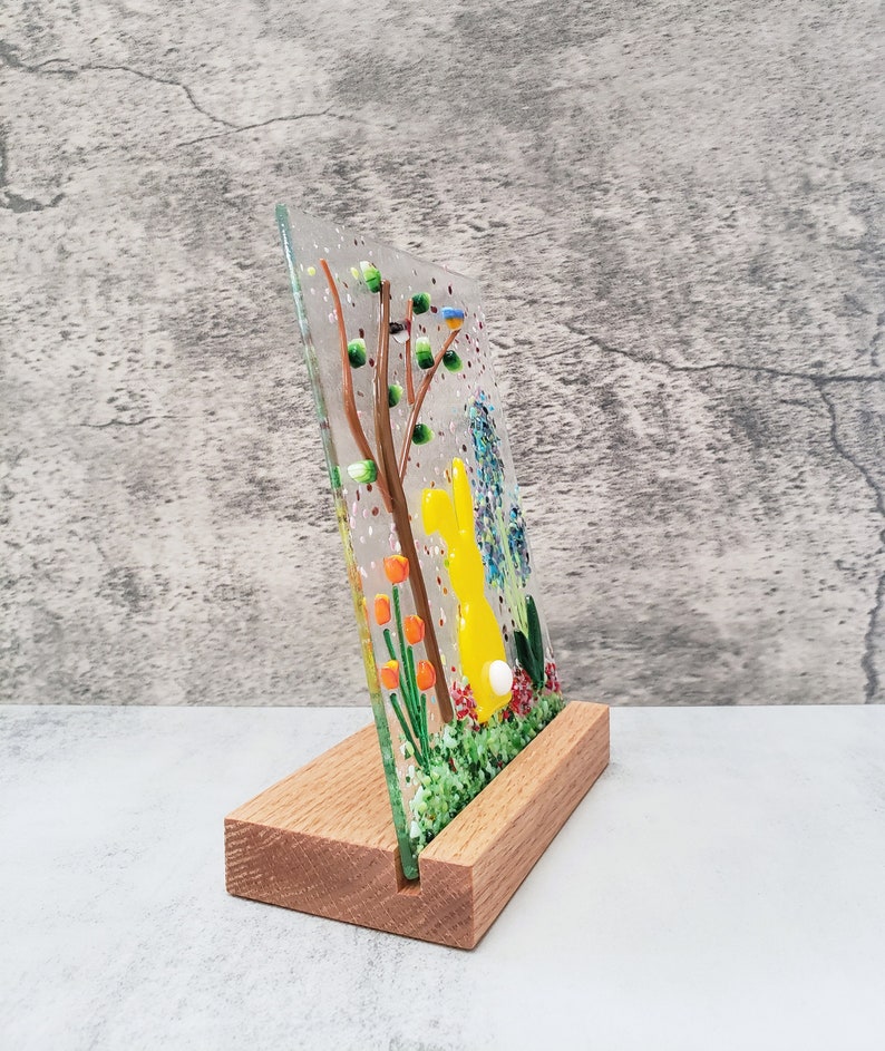 Fused Glass Rabit Fused Glass Rabbit Garden Panel With Oak Stand, Spring Decor - Etsy
