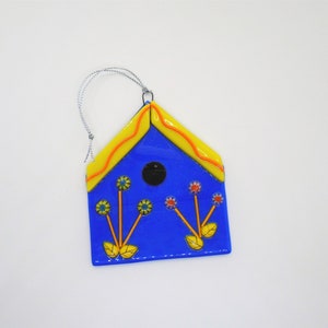 Blue and Yellow Fused Glass Birdhouse, Embellished Glass Bird House, Bird Lover Gift