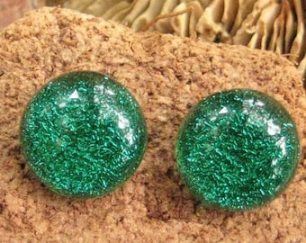 Green Fused Glass Studs, Green Post Earrings, Green Dichroic Jewelry Post Earrings, Emerald Green Dichroic Fused Glass Button Earrings