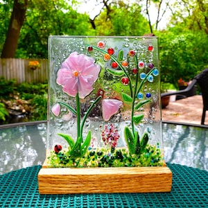 Pink Fused Glass Flower Garden with Wooden Stand, Fused Glass Nature Panel,  Garden Candle Screen, Garden Art, Spring Summer Suncatcher