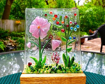 Pink Fused Glass Flower Garden with Wooden Stand, Fused Glass Nature Panel,  Garden Candle Screen, Garden Art, Spring Summer Suncatcher