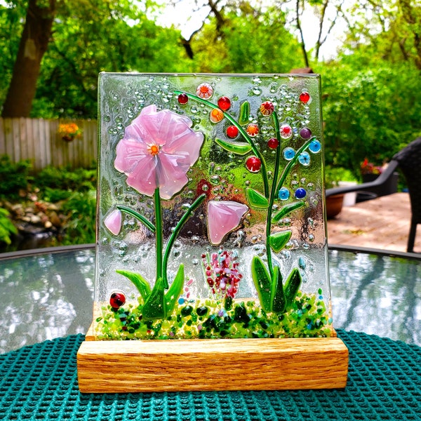 Pink Fused Glass Flower Garden with Wooden Stand, Fused Glass Nature Panel,  Garden Candle Screen, Garden Art, Spring Summer Suncatcher