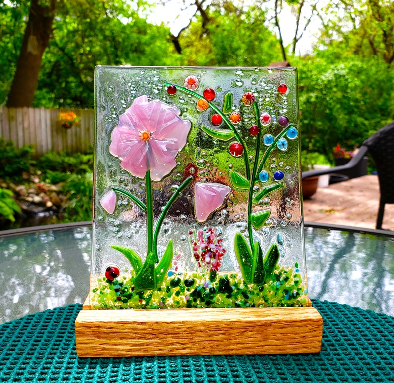 Pink Fused Glass Flower Garden with Wooden Stand, Fused Glass Nature Panel, Garden Candle Screen, Garden Art, Spring Summer Suncatcher image 1