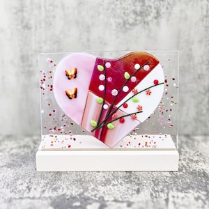 Fused Glass Patchwork Valentine Heart in Stand, Mothers Day Gift, Red, Pink, and White Stained Glass Heart, Hearts and Flowers