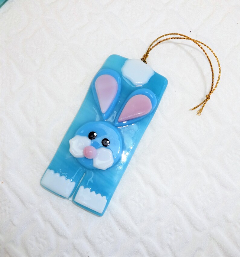 Blue Fused Glass Easter Bunny Sun Catcher, Summer Ornament, Rabbit Suncatcher, Fused Glass Holiday Suncatchers image 2