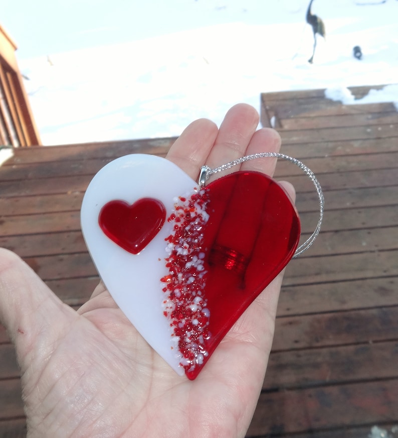Stained Glass Red and White Glass Heart Glass Valentine Heart Suncatcher Fused Glass Valentine Heart Suncatcher Here/'s my Heart