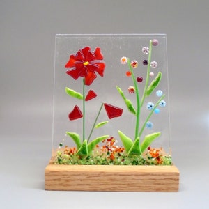 Red Fused Glass Flower Garden with Wooden Stand, Fused Glass Nature Panel, Garden Candle Screen, Garden Art, Spring Summer Suncatcher image 7