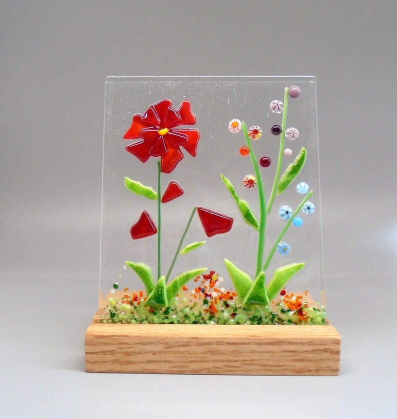 Red Fused Glass Flower Garden with Wooden Stand, Fused Glass Nature Panel, Garden Candle Screen, Garden Art, Spring Summer Suncatcher image 7