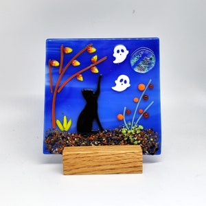 Fused Glass Halloween Scene with Stand or Tealight, Table Top Holiday Decoration, Black Cat and Ghost Fused Glass Panel