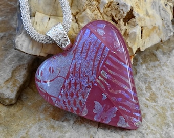 Pink Dichroic Fused Glass Heart Necklace, Patchwork Dichroic Fused Glass Heart Pendant - Pink Valentine Heart Necklace