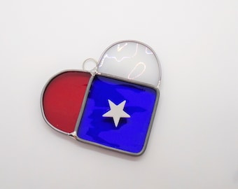 Red, White and Blue Lonestar Stained Glass Flag Heart Suncatcher, Texas Sun Catcher, Patriotic Window Decoration