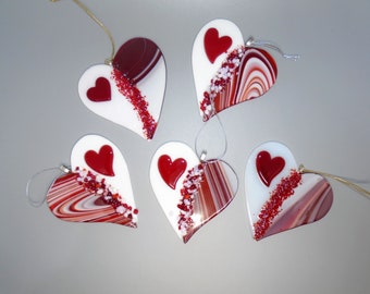 Handmade fused glass retro orange white yellow red heart suncatcher window wall deocration