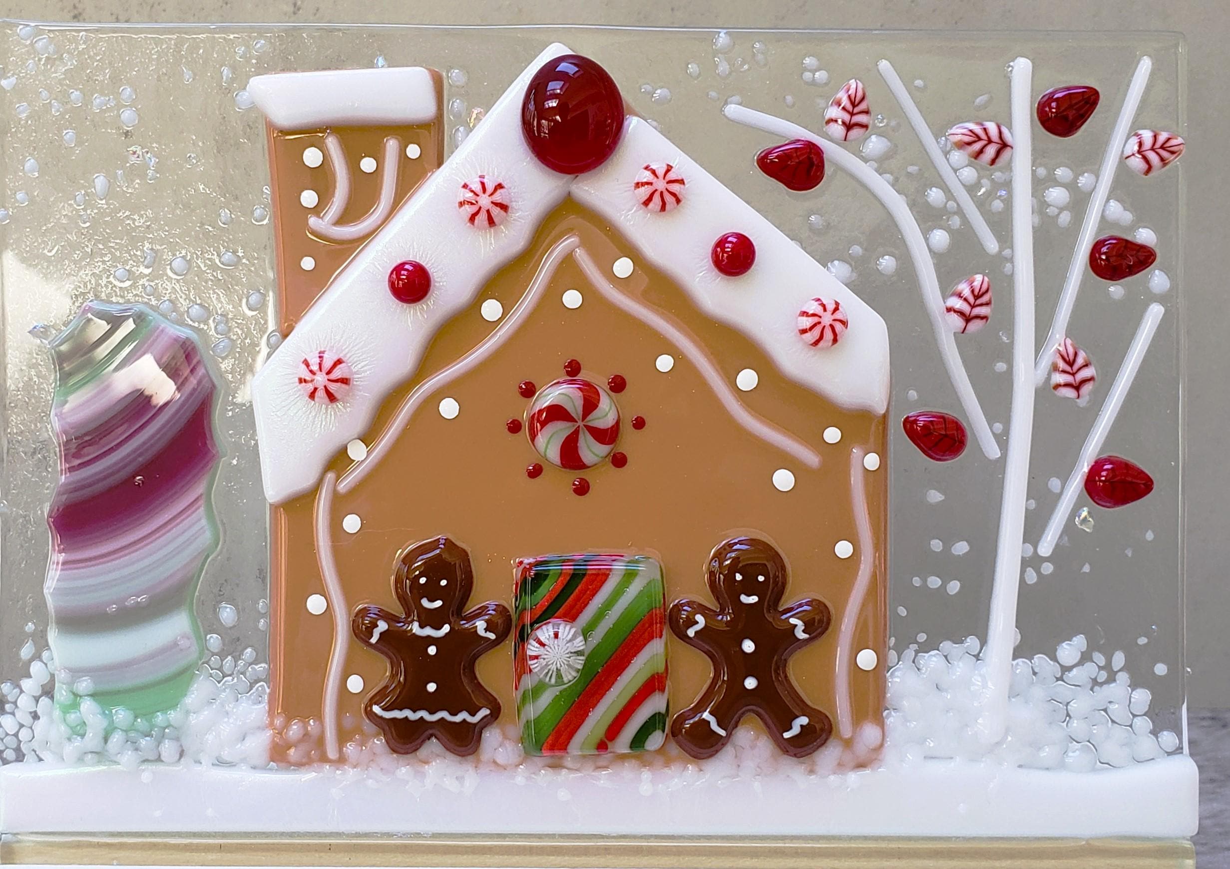 Fused Glass Gingerbread People and House Panel With Stand, Table Top ...