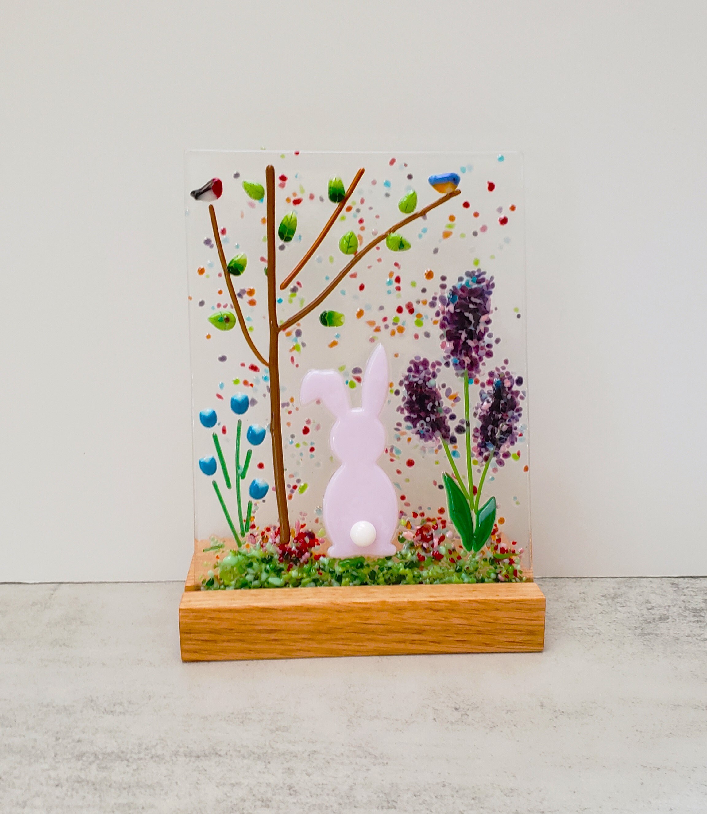 Fused Glass Rabit Pink Bunny in a Flower Garden With Oak Stand, Fused Glass Rabbit Nature ...