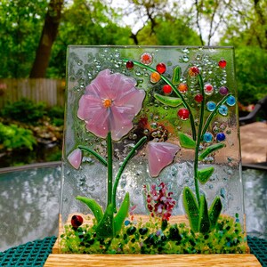Pink Fused Glass Flower Garden with Wooden Stand, Fused Glass Nature Panel, Garden Candle Screen, Garden Art, Spring Summer Suncatcher image 4