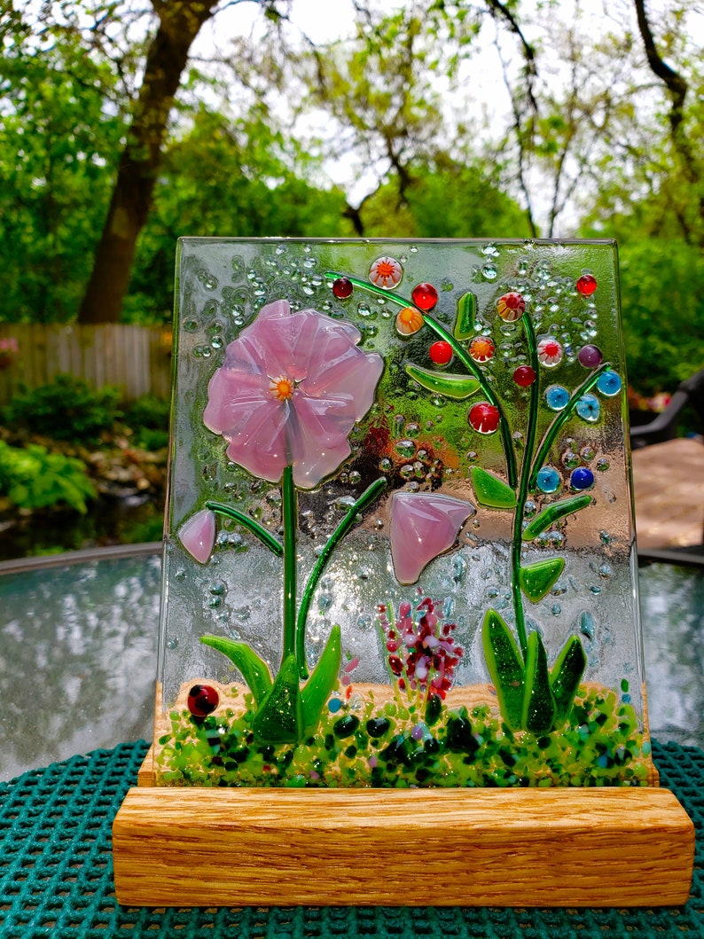 Pink Fused Glass Flower Garden with Wooden Stand, Fused Glass Nature Panel, Garden Candle Screen, Garden Art, Spring Summer Suncatcher image 4