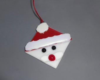 Small Fused Glass Santa Face Ornament, Holiday Ornament, Christmas Glass, Package Tie, Santa Sun Catcher, Winter Decoration