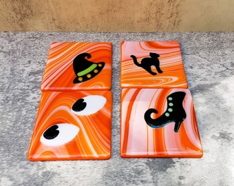 Fused Glass Halloween Coasters, Witches and Cats Halloween  Fused Glass Coaster Set of Four, Witch Hat, Boot, Spooky Eyes and Black Cat