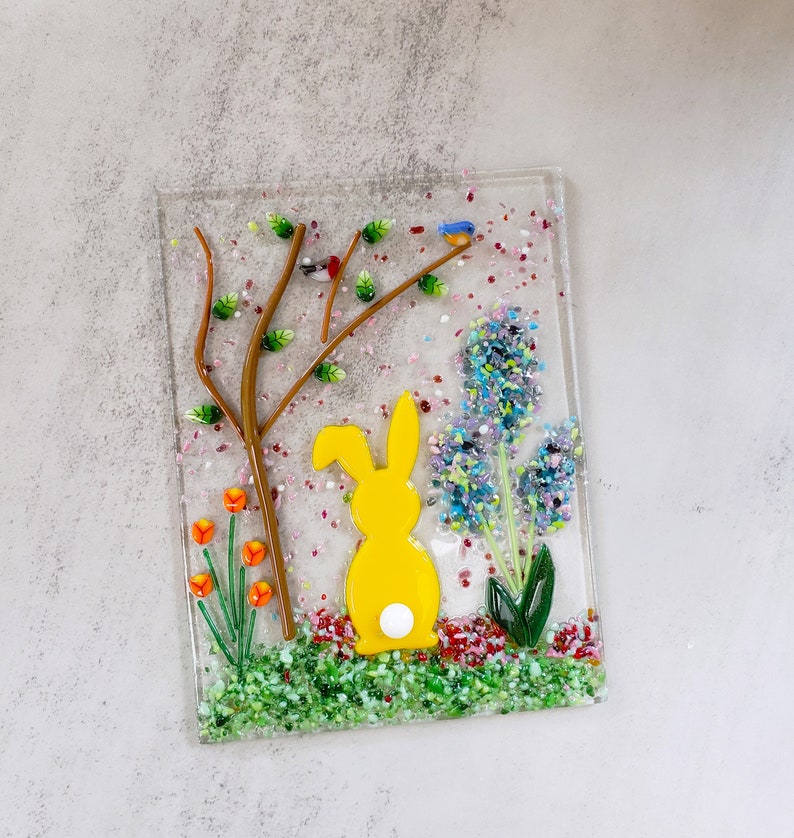 Fused Glass Rabit Fused Glass Rabbit Garden Panel With Oak Stand, Spring Decor - Etsy